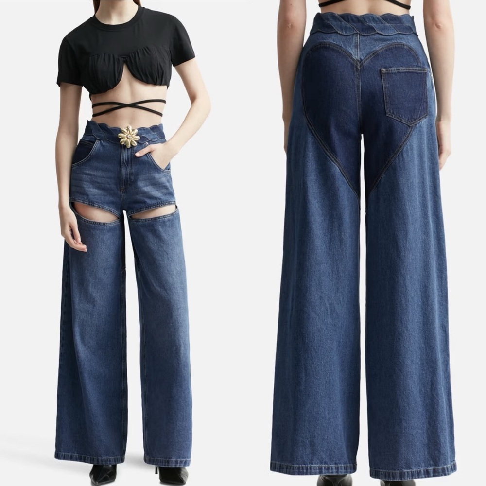 Area Wide Leg Slit Jeans Golden FlorL Waist‎ Hardware Cut Out Detail Size 28